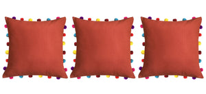 Lushomes Red Wood Cushion Cover with Colorful Pom pom (3 pcs, 18 x 18”) - Lushomes
