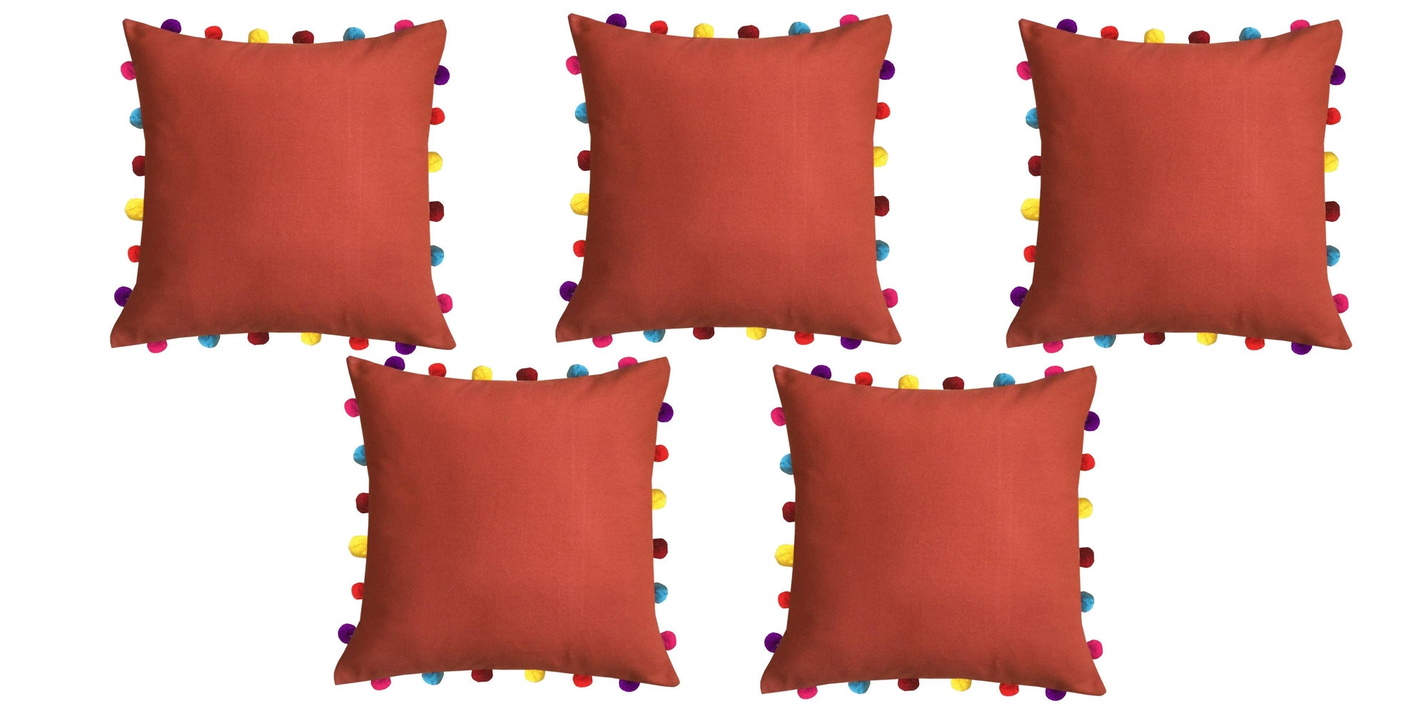 Lushomes Red Wood Cushion Cover with Colorful Pom pom (5 pcs, 18 x 18”) - Lushomes