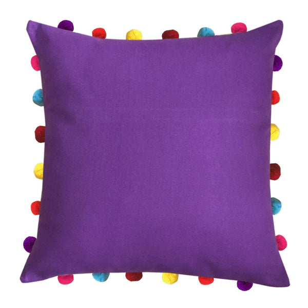 Lushomes Royal Lilac Cushion Cover with Colorful Pom pom (Single pc, 18 x 18”) - Lushomes