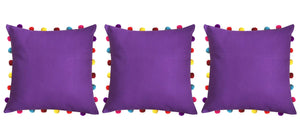 Lushomes Royal Lilac Cushion Cover with Colorful Pom pom (3 pcs, 18 x 18”) - Lushomes