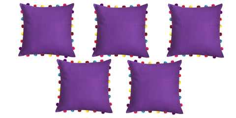 Lushomes Royal Lilac Cushion Cover with Colorful Pom pom (5 pcs, 18 x 18”) - Lushomes