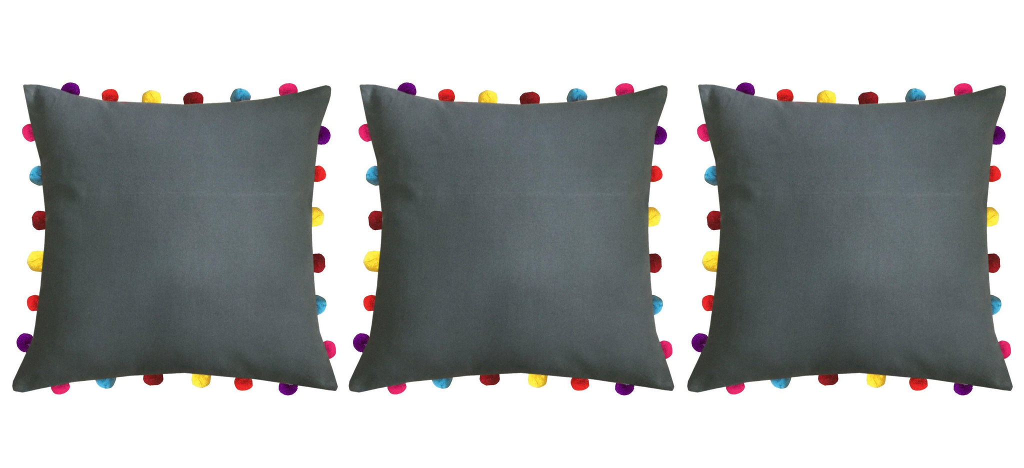 Lushomes Sedona Sage Cushion Cover with Colorful Pom pom (3 pcs, 18 x 18”) - Lushomes