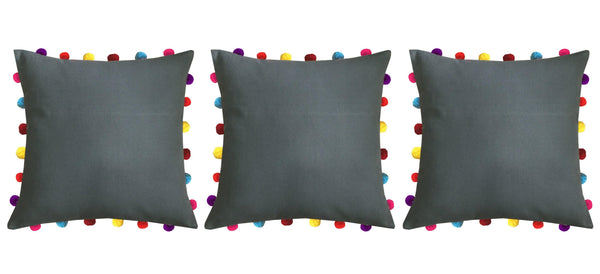 Lushomes Sedona Sage Cushion Cover with Colorful Pom pom (3 pcs, 18 x 18”) - Lushomes