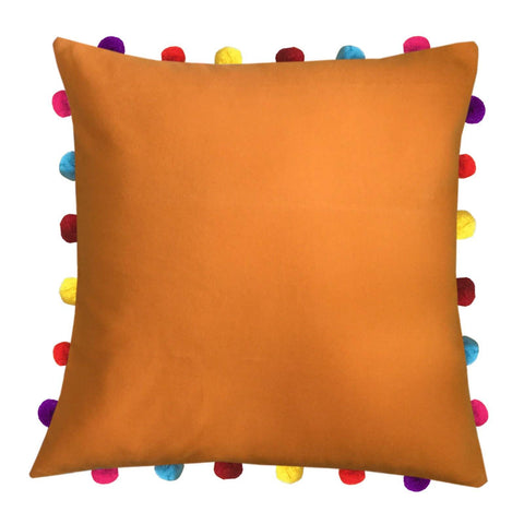 Lushomes Sun Orange Cushion Cover with Colorful Pom pom (Single pc, 18 x 18”) - Lushomes