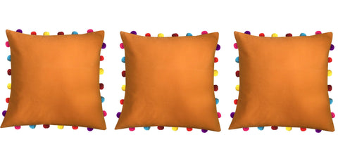 Lushomes Sun Orange Cushion Cover with Colorful Pom pom (3 pcs, 18 x 18”) - Lushomes