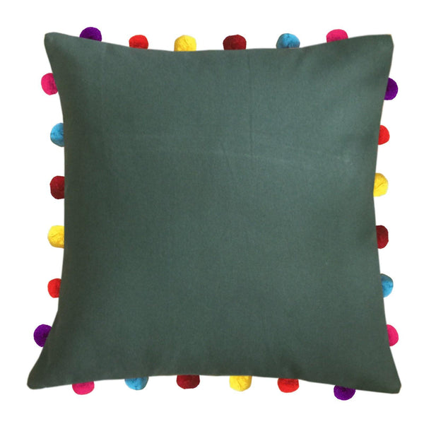 Lushomes Vineyard Green Cushion Cover with Colorful Pom pom (Single pc, 18 x 18”) - Lushomes