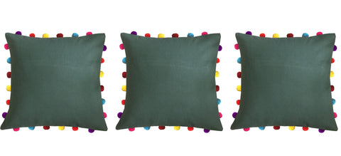 Lushomes Vineyard Green Cushion Cover with Colorful Pom pom (3 pcs, 18 x 18”) - Lushomes