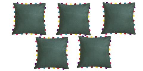 Lushomes Vineyard Green Cushion Cover with Colorful Pom pom (5 pcs, 18 x 18”) - Lushomes