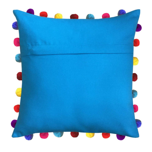 Lushomes Blue Sofa Cushion Cover Online with Colorful Pom Pom (Pack of 5 Pcs, 20 x 20 inches) - Lushomes