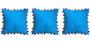 Lushomes Blue Sofa Cushion Cover Online with Colorful Pom Pom (Pack of 3 Pcs, 20 x 20 inches) - Lushomes