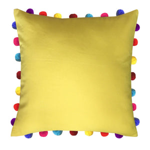 Lushomes Lemon Chrome Cushion Cover with Colorful Pom Poms (Single pc, 20 x 20”) - Lushomes