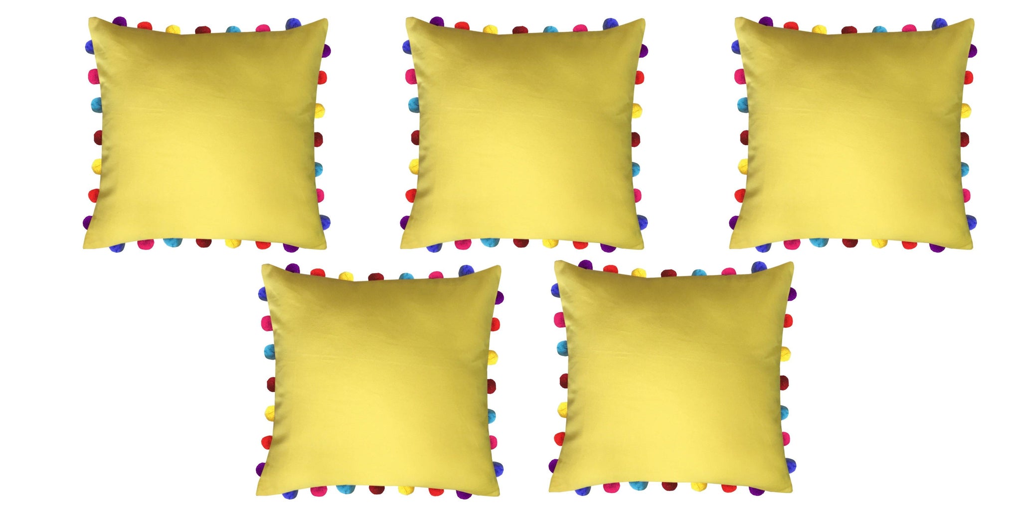 Lushomes Lemon Chrome Cushion Cover with Colorful Pom Poms (5 pcs, 20 x 20”) - Lushomes