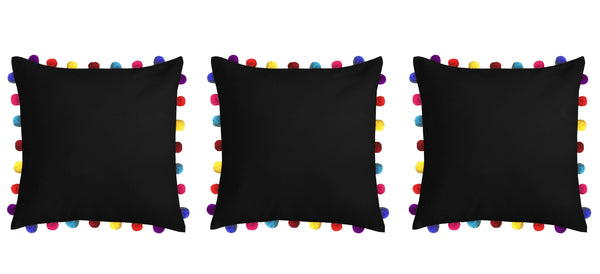 Lushomes Pirate Black Cushion Cover with Colorful Pom Poms (3 pcs, 20 x 20”) - Lushomes