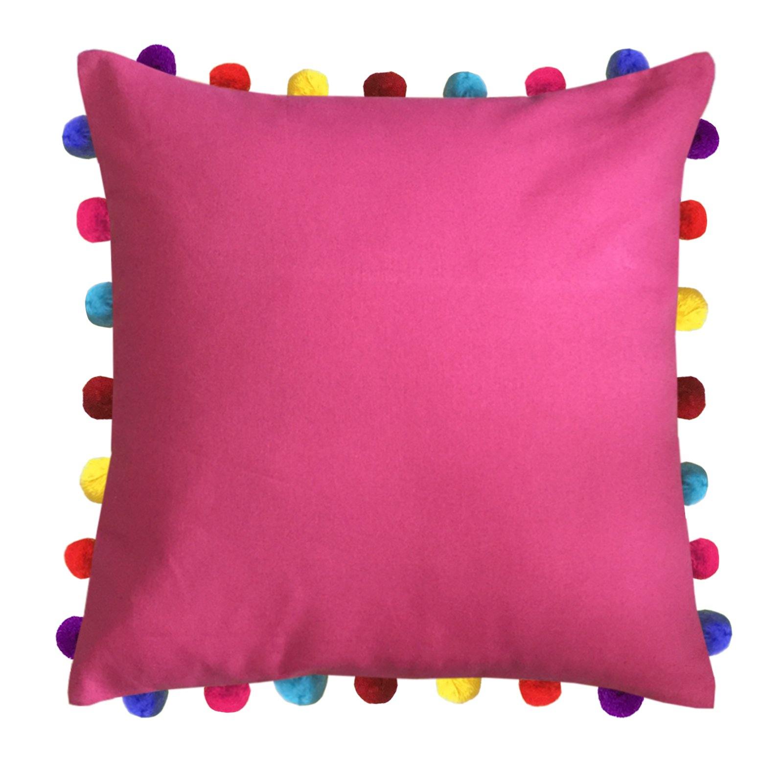 Lushomes Rasberry Cushion Cover with Colorful Pom Poms (Single pc, 20 x 20”) - Lushomes