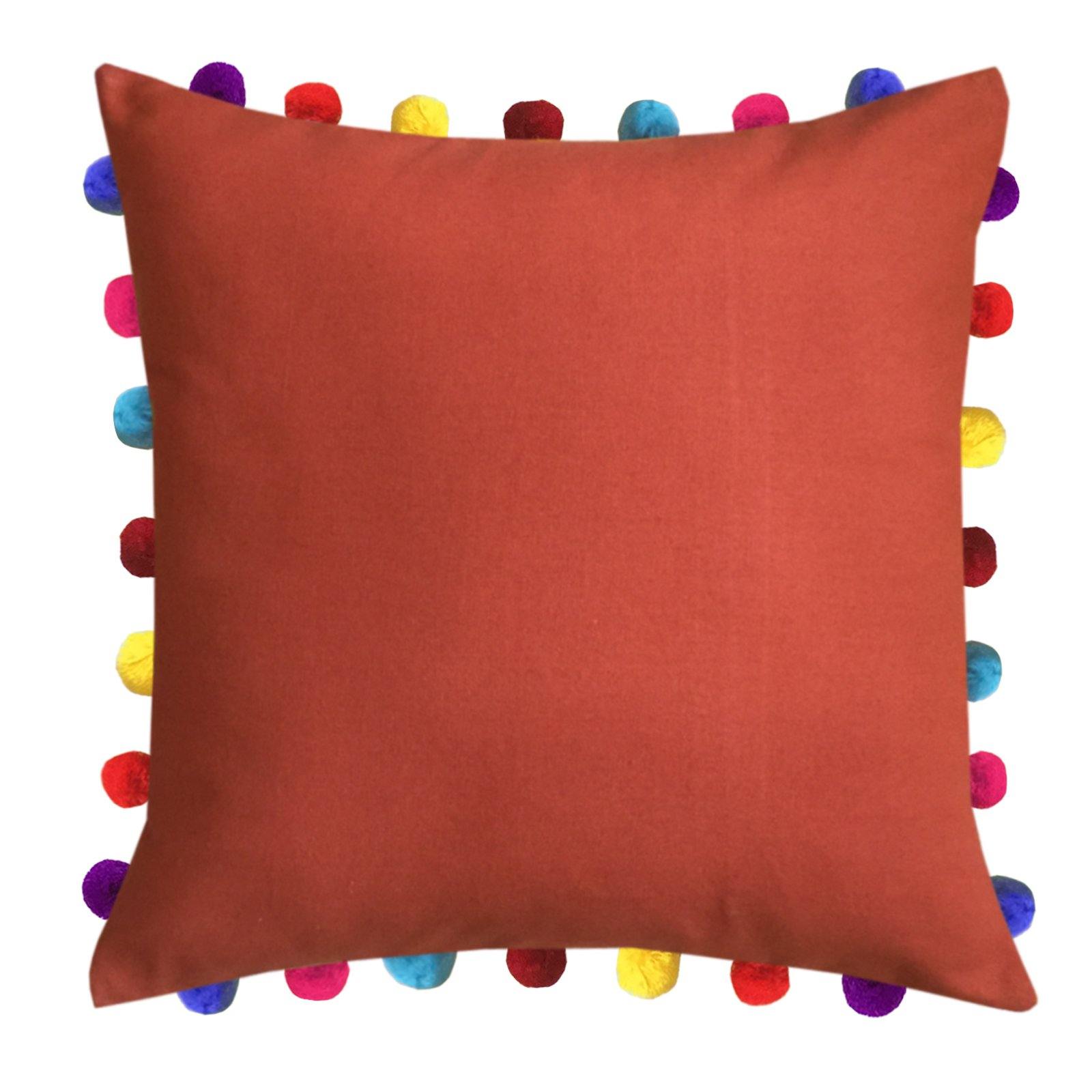Lushomes Red Wood Cushion Cover with Colorful Pom Poms (Single pc, 20 x 20”) - Lushomes
