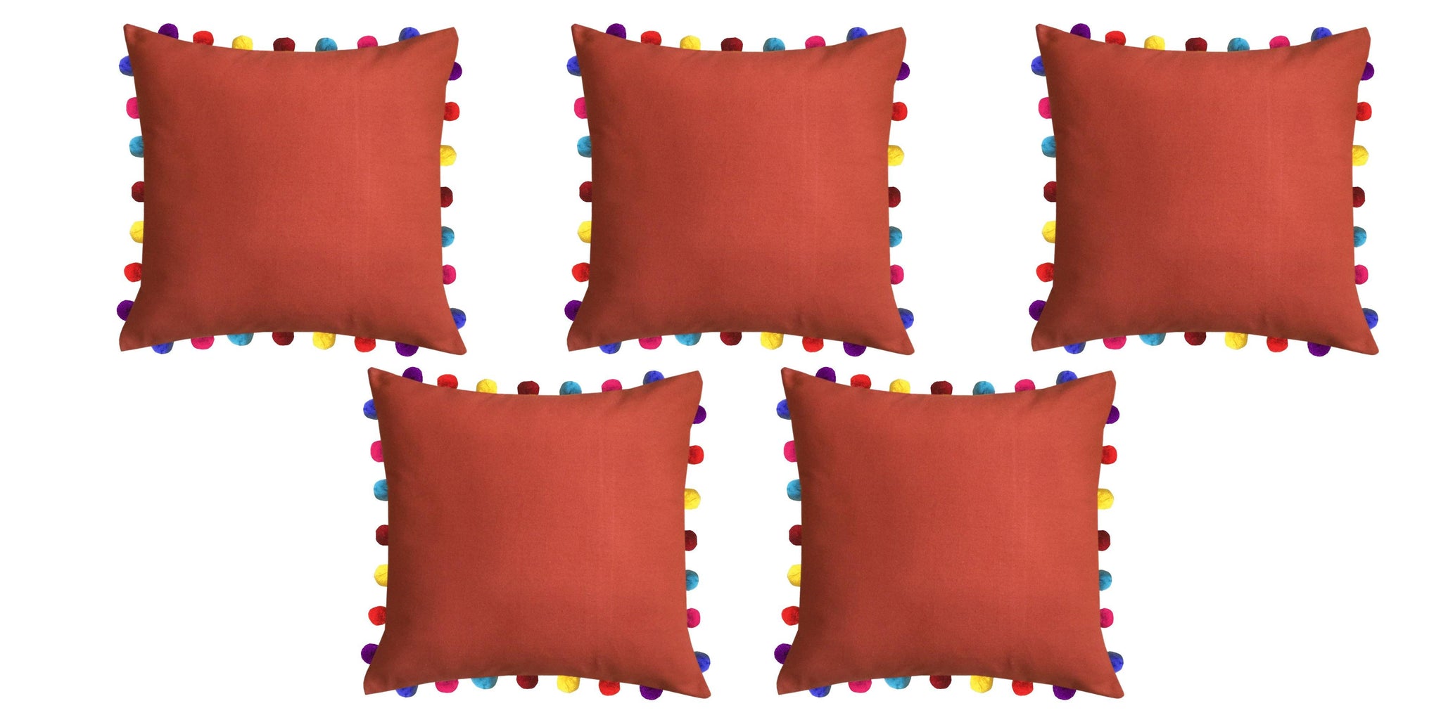 Lushomes Red Wood Cushion Cover with Colorful Pom Poms (5 pcs, 20 x 20”) - Lushomes
