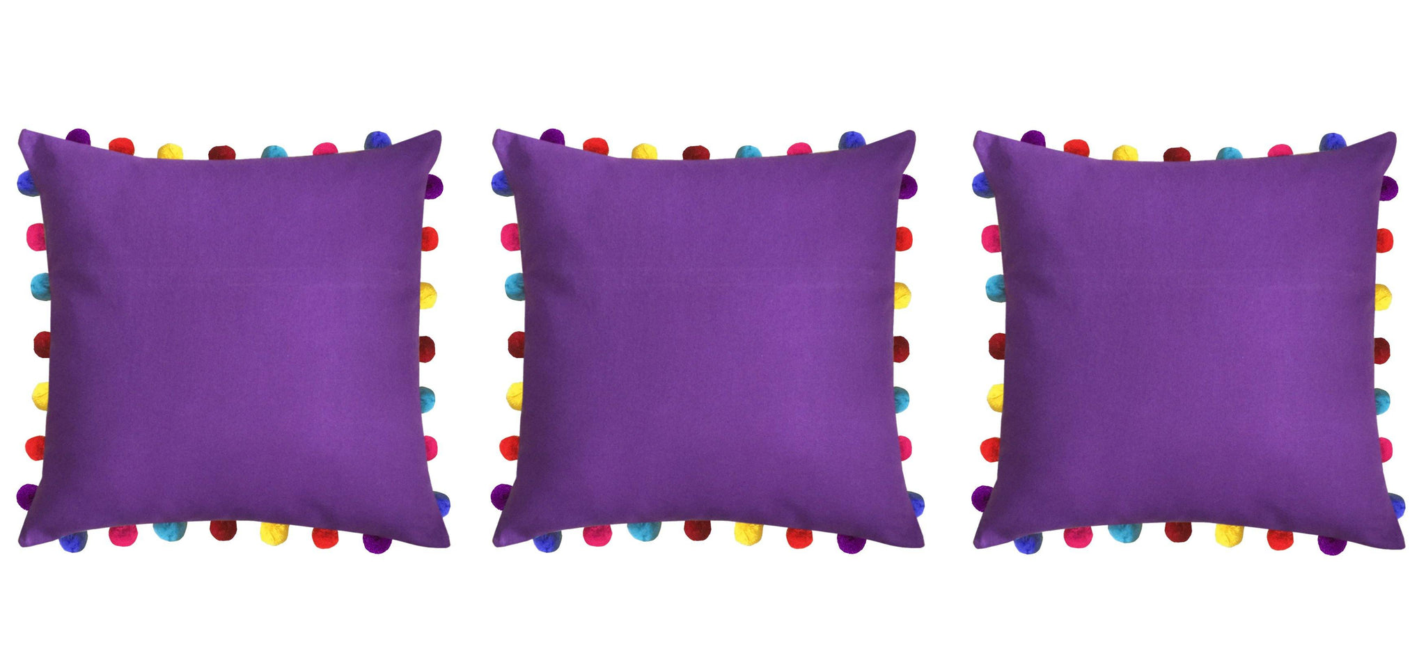 Lushomes Royal Lilac Cushion Cover with Colorful Pom Poms (3 pcs, 20 x 20”) - Lushomes