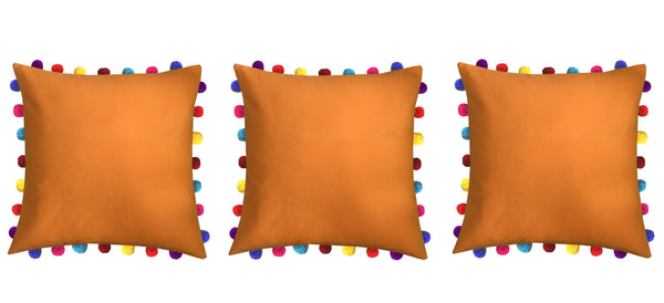 Lushomes Sun Orange Cushion Cover with Colorful Pom Poms (3 pcs, 20 x 20”) - Lushomes