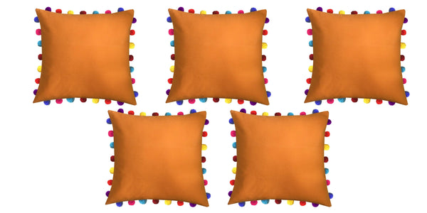 Lushomes Sun Orange Cushion Cover with Colorful Pom Poms (5 pcs, 20 x 20”) - Lushomes