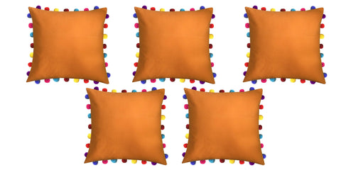 Lushomes Sun Orange Cushion Cover with Colorful Pom Poms (5 pcs, 20 x 20”) - Lushomes