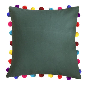 Lushomes Vineyard Green Cushion Cover with Colorful Pom Poms (Single pc, 20 x 20”) - Lushomes