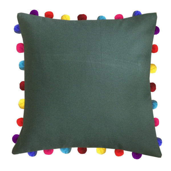 Lushomes Vineyard Green Cushion Cover with Colorful Pom Poms (5 pcs, 20 x 20”) - Lushomes