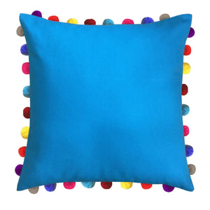 Lushomes Blue Sofa Cushion Cover Online with Colorful Pom Pom (Pack of 1 Pc, 24 x 24 inches) - Lushomes