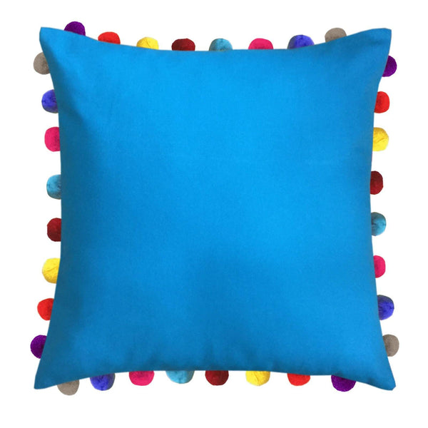 Lushomes Blue Sofa Cushion Cover Online with Colorful Pom Pom (Pack of 3 Pcs, 24 x 24 inches) - Lushomes