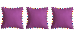 Lushomes Blue Sofa Cushion Cover Online with Colorful Pom Pom (Pack of 3 Pcs, 24 x 24 inches) - Lushomes