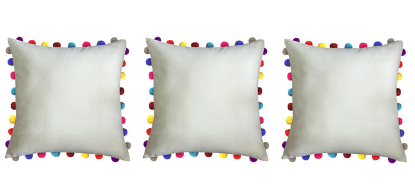Lushomes Ecru Cushion Cover with Colorful Pom poms (3 pcs, 24 x 24”) - Lushomes
