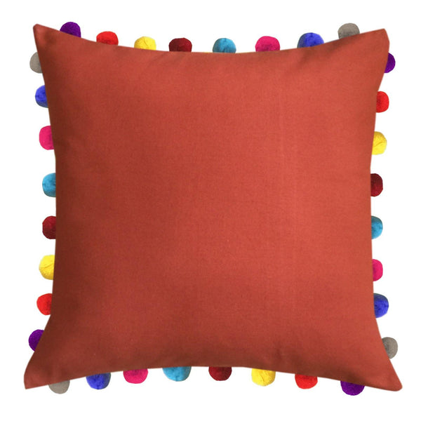 Lushomes Red Wood Cushion Cover with Colorful Pom poms (Single pc, 24 x 24”) - Lushomes