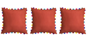 Lushomes Red Wood Cushion Cover with Colorful Pom poms (3 pcs, 24 x 24”) - Lushomes
