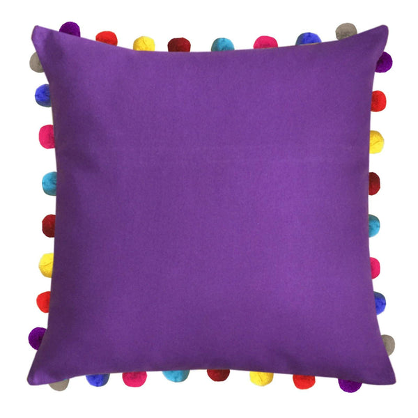 Lushomes Royal Lilac Cushion Cover with Colorful Pom poms (3 pcs, 24 x 24”) - Lushomes
