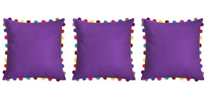 Lushomes Royal Lilac Cushion Cover with Colorful Pom poms (3 pcs, 24 x 24”) - Lushomes