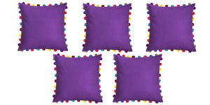 Lushomes Royal Lilac Cushion Cover with Colorful Pom poms (5 pcs, 24 x 24”) - Lushomes