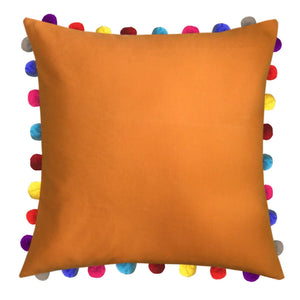 Lushomes Sun Orange Cushion Cover with Colorful Pom poms (Single pc, 24 x 24”) - Lushomes