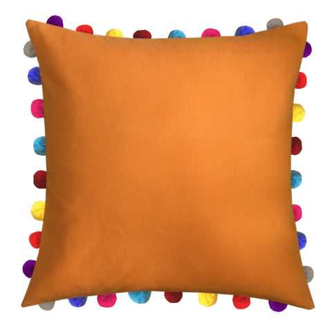 Lushomes Sun Orange Cushion Cover with Colorful Pom poms (Single pc, 24 x 24”) - Lushomes