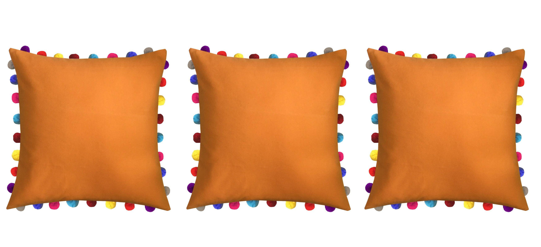 Lushomes Sun Orange Cushion Cover with Colorful Pom poms (3 pcs, 24 x 24”) - Lushomes