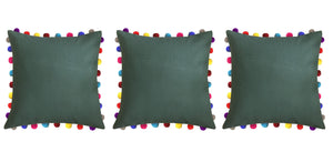 Lushomes Vineyard Green Cushion Cover with Colorful Pom poms (3 pcs, 24 x 24”) - Lushomes