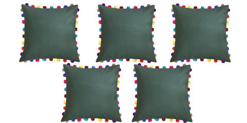 Lushomes Vineyard Green Cushion Cover with Colorful Pom poms (5 pcs, 24 x 24”) - Lushomes