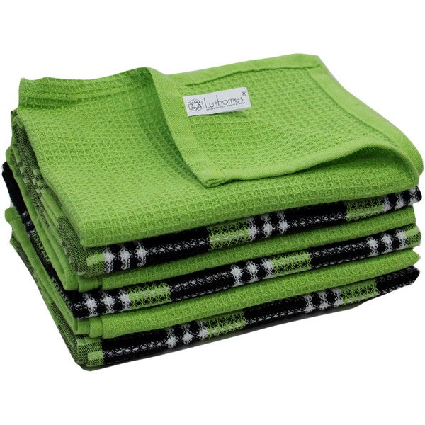 Lushomes Kitchen Cleaning Cloth, Waffle Cotton Dish Machine Washable Towels for Home Use, Pack of 6 Towel, 16x24 Inches (40x60 Cms, Set of 6) (Green + Black)
