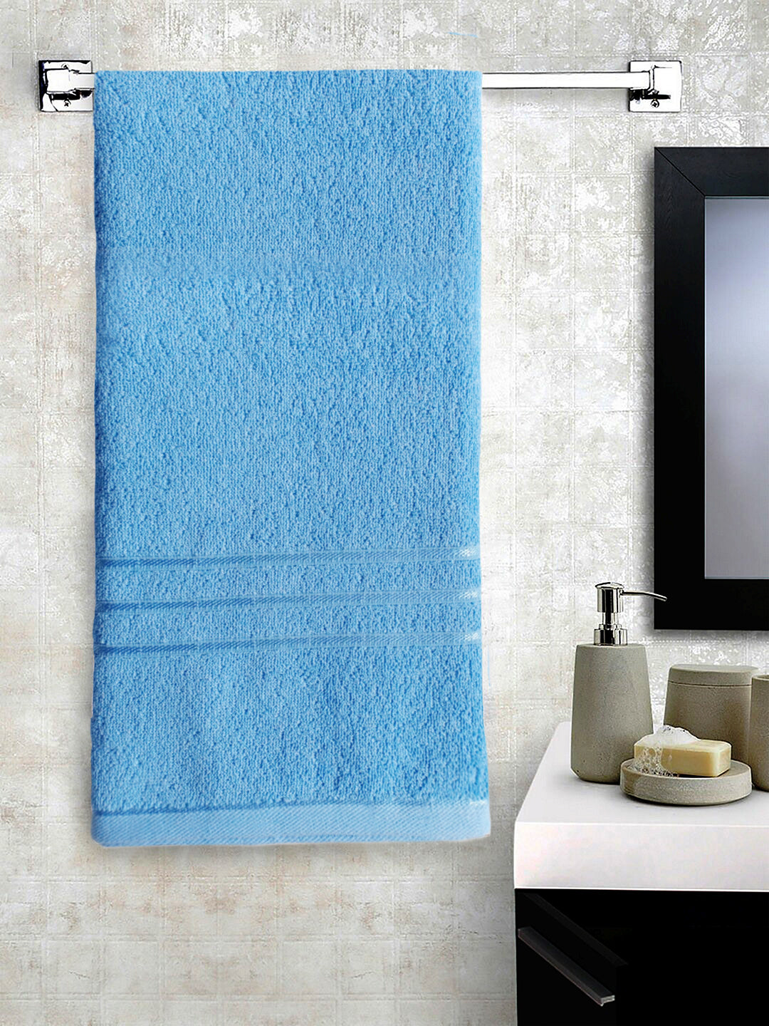 Blue Large Terry Bath Towel Ultra Soft Super Absorbent for Men Women Kids Cotton with Solid crepe by Lushomes 400 GSM  (27x57 inches, 70x147 cms, Single Piece)