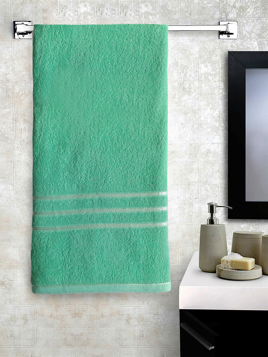 Green Large Terry Bath Towel Ultra Soft Super Absorbent for Men Women Kids Cotton with Solid crepe by Lushomes 400 GSM  (27x57 inches, 70x147 cms, Single Piece)