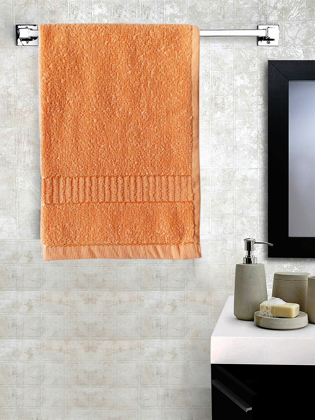 Orange Hand Towel Set of 6 Solid Popcorn Weave Plain Cotton Crepe Design with track Border, Soft Small Basic Size 35x50 cms, Premium 400 GSM Absorbant Towels by Lushomes