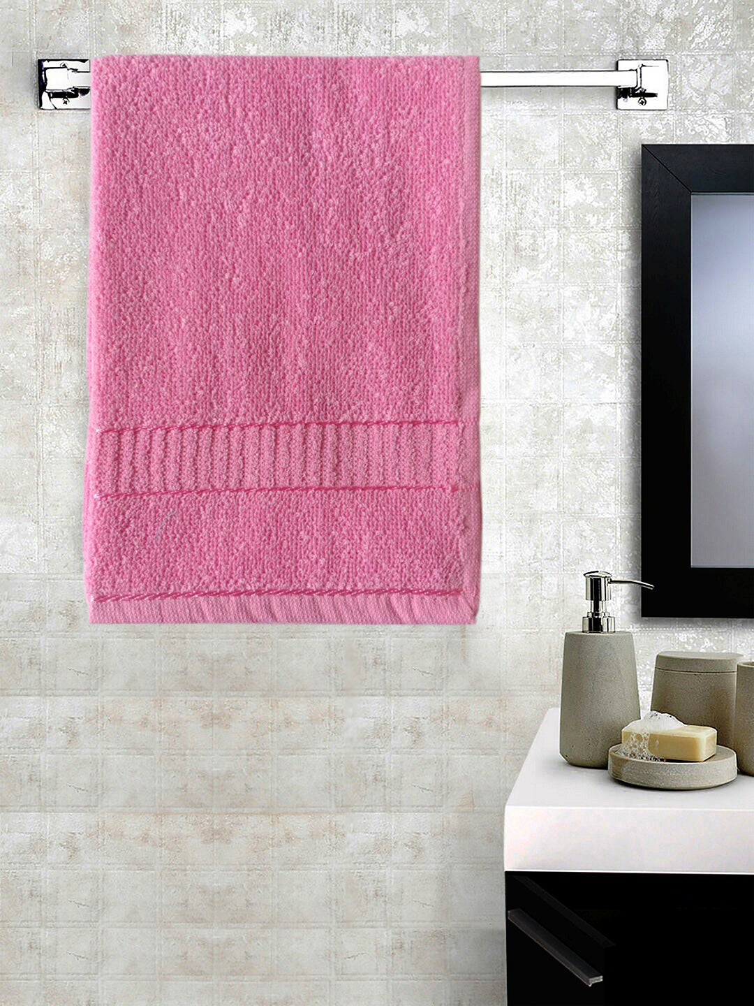 Rose Pink Hand Towel Set of 6 Solid Popcorn Weave Plain Cotton Crepe Design with track Border, Soft Small Basic Size 35x50 cms, Premium 400 GSM Absorbant Towels by Lushomes