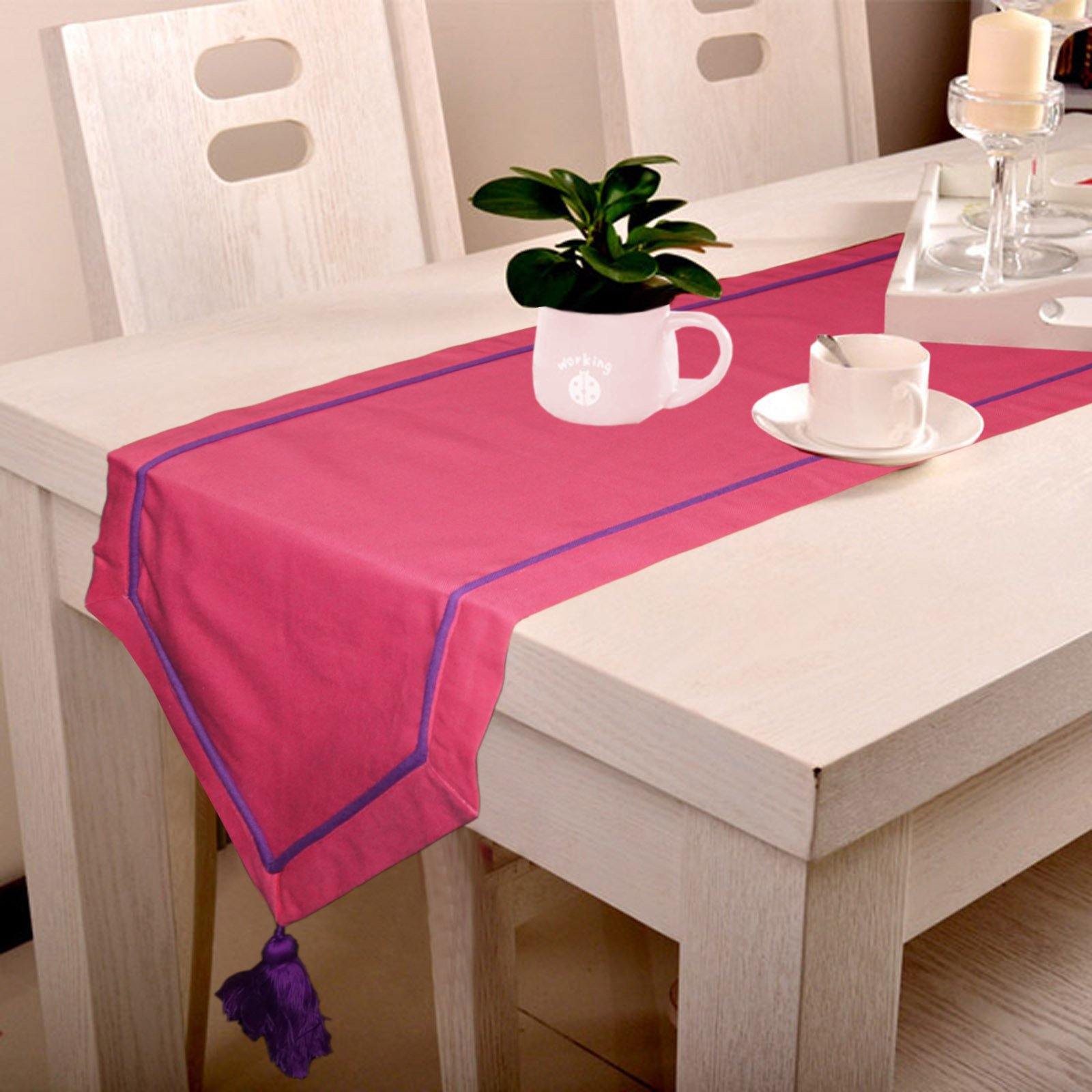 Lushomes Pink Table Runner with Purple contrasting cord piping - Lushomes