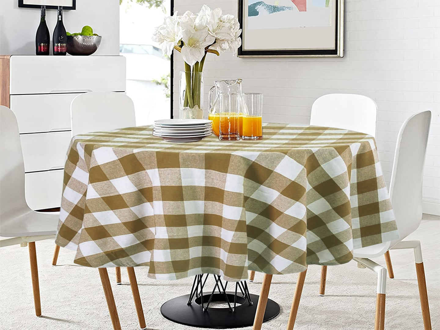 Lushomes Table Cloth, Buffalo Checks Biscuit & White Plaid Dining Table Cover Cloth,  dining table cover 4 seater (Size 60” Round, 4 Seater Round/Oval Table Cloth)