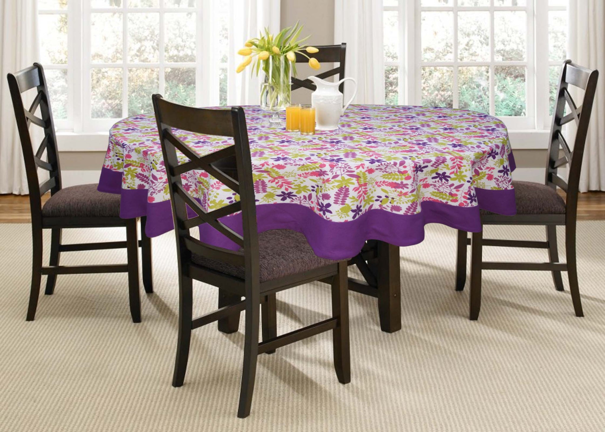 Lushomes Table Cloth, 6 Seater Purple Rain Printed Dining Round Table Cover . (70 inches diameter, Single Pc)
