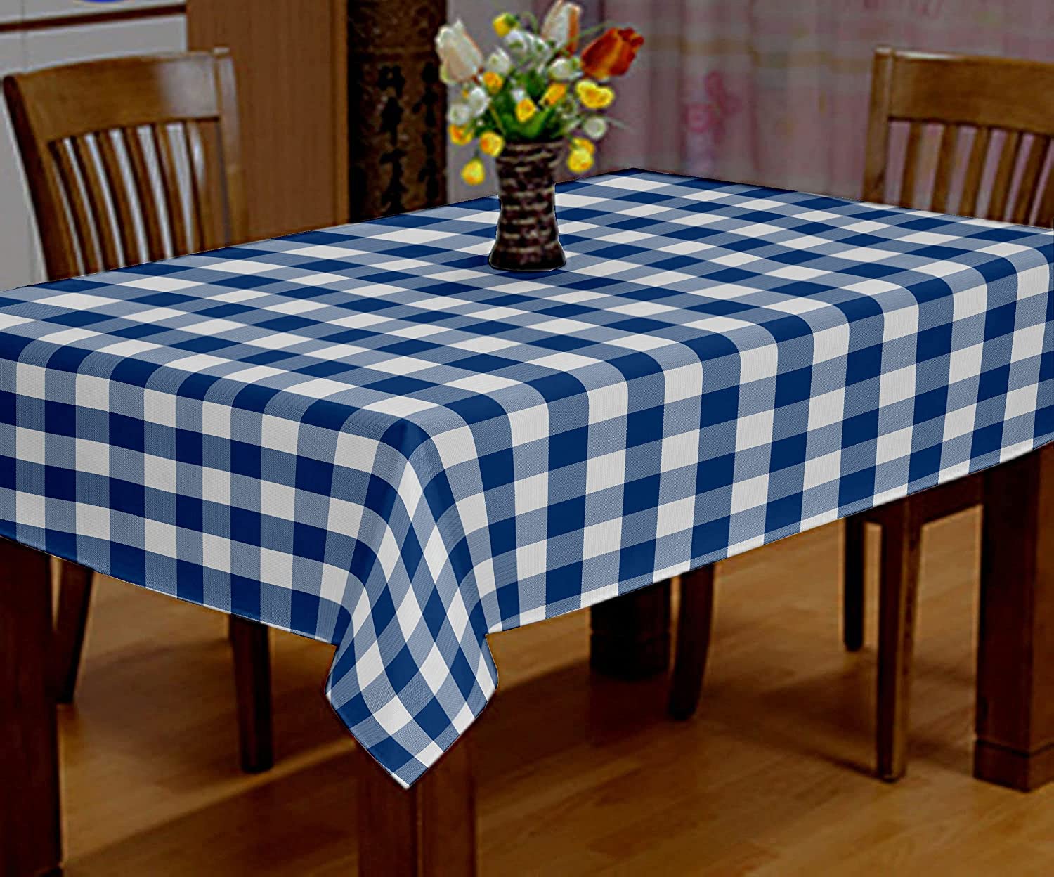 Lushomes Buffalo Checks Blue Plaid Square Dining Table Cover Cloth (Size 60 x 60”, 4 Seater Square Table Cloth)