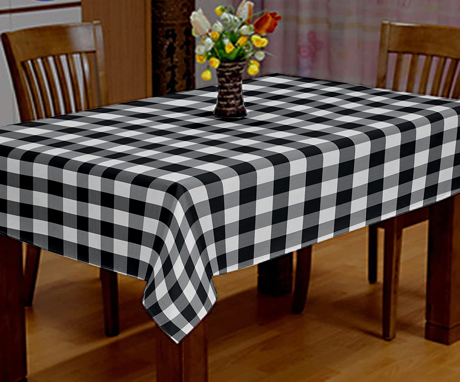Lushomes Buffalo Checks Black Plaid Square Dining Table Cover Cloth (Size 60 x 60”, 4 Seater Square Table Cloth)